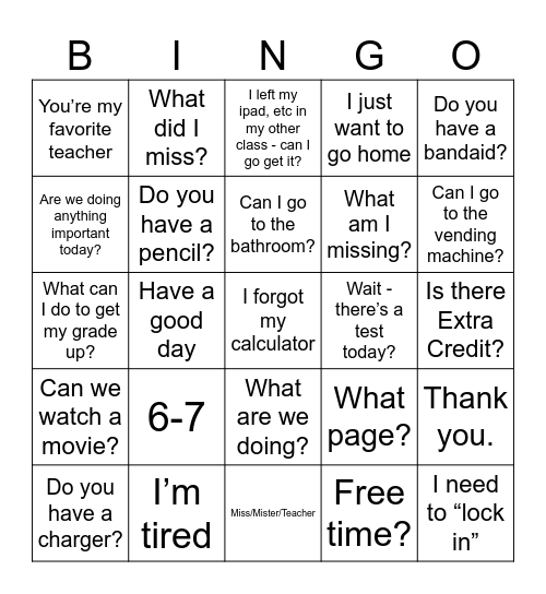 Math/Science Department Bingo Card