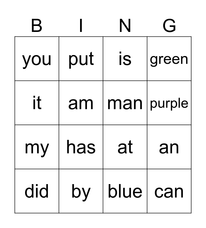 Kindergarten Bingo Card