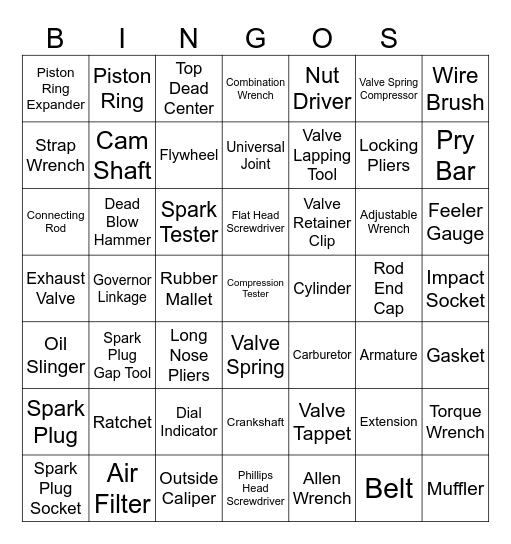 Small Engine Tools Bingo Card