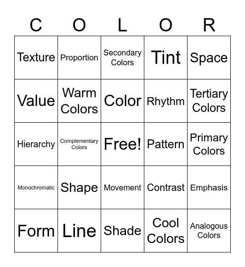Elements and Principles of Art and Color Theory Bingo Card