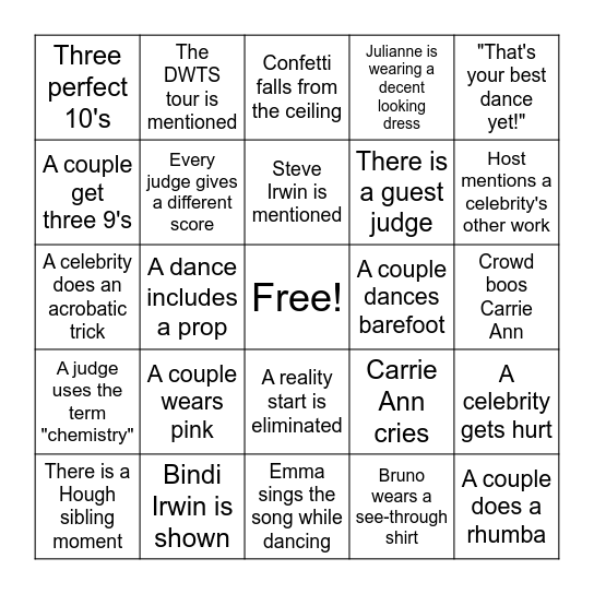 DWTS Bingo Card