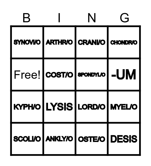 THE SKELETAL SYSTEM WORD PARTS Bingo Card