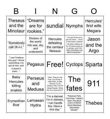 Disney's Hercules Bingo Card