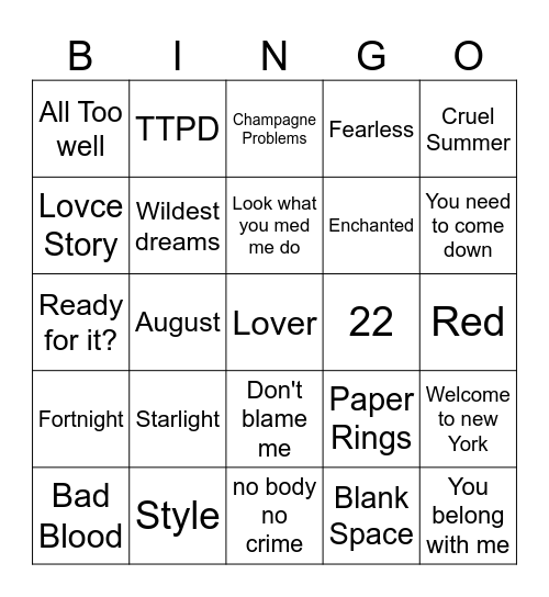 Taylor Swift Bingo Card