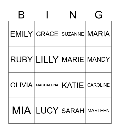 Frauennamen (englisch) Bingo Card