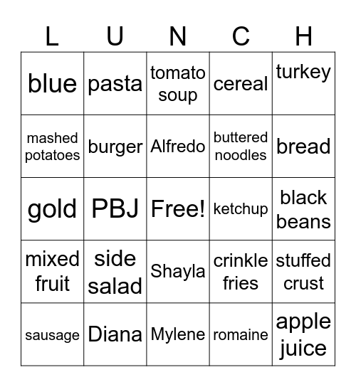 Lunch Lady Bingo Card