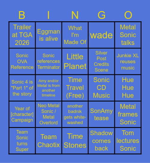 Sonic Movie 4 Bingo Card