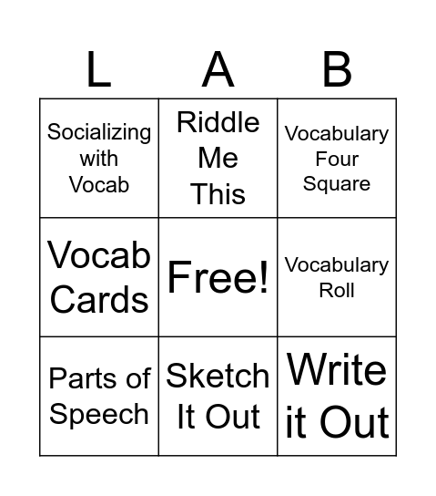 Vocab Lab Bingo Card