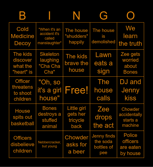 Monster House Bingo Card