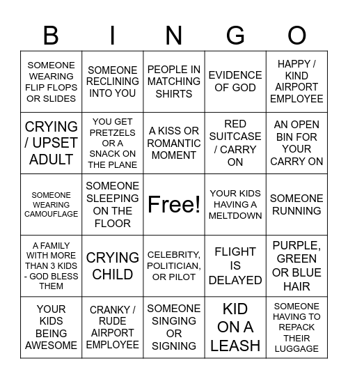 Airplane Travel BINGO Card