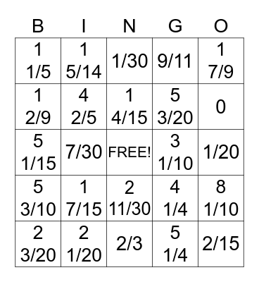 5th Grade Fraction Bingo Card