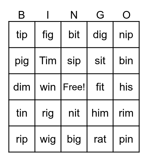 Short Vowel I Bingo Card