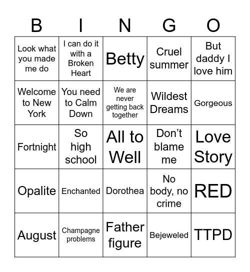 Taylor Swift Bingo Card
