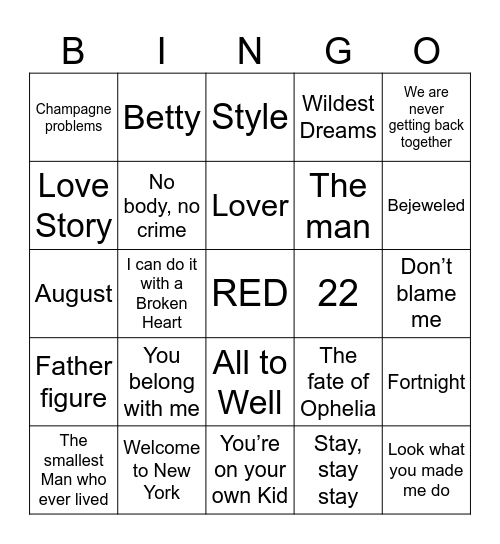 Taylor Swift Bingo Card