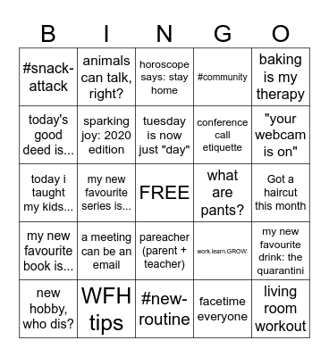 Work From Home BINGO Card