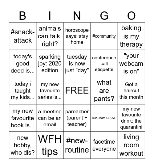 Work From Home BINGO Card