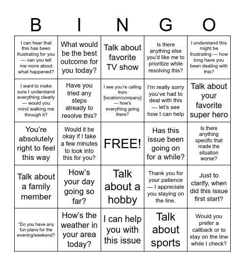 Rapport Building Bingo Card