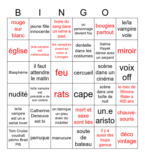 Bingo des films de vampires Bingo Card