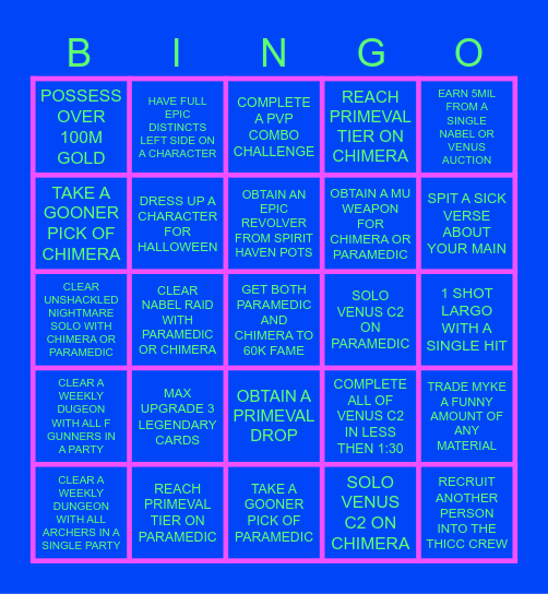 Paramedic & Chimera Board Bingo Card