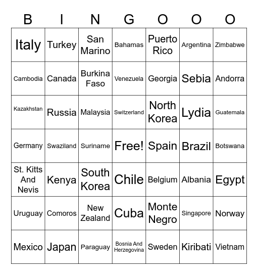 Countries Bingo Card