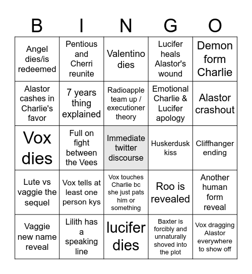 hazbin 2.07/2.08 predictions Bingo Card