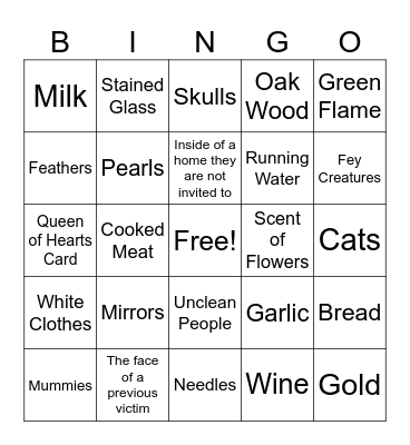 Vampire Weakness Bingo Card