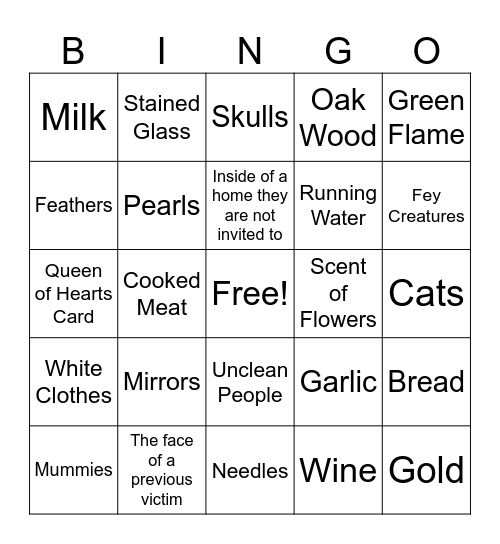 Vampire Weakness Bingo Card