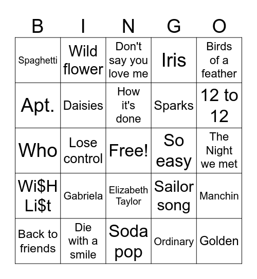 Oct25 top 50 Bingo Card