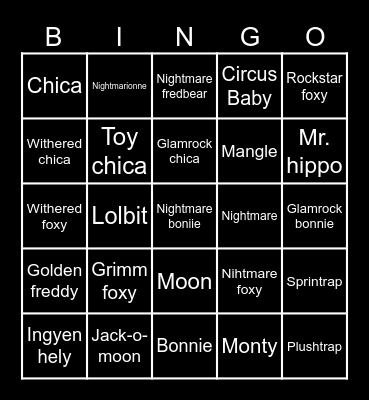 FNaF animatronics Bingo Card