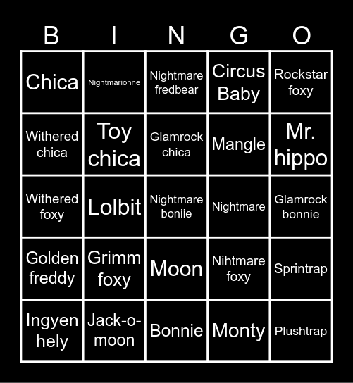 FNaF animatronics Bingo Card