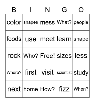 key vocabulary Bingo Card