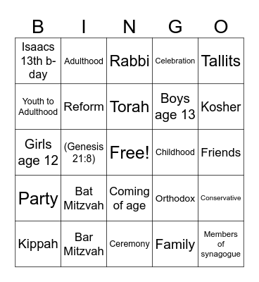 Bar/Bat Mitzvah Bingo Card
