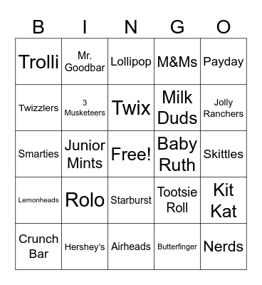 Halloween Candy Bingo Card