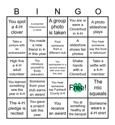 Faribault County 4-H Banquet Bingo Card