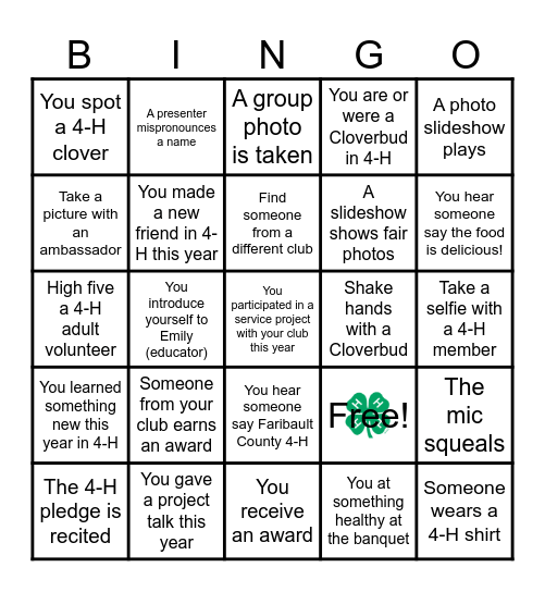 Faribault County 4-H Banquet Bingo Card