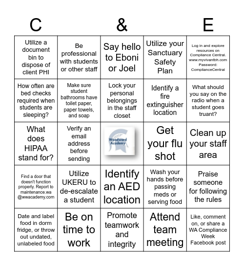 COMPLIANCE AND ETHICS BINGO! Turn in your cards to Eboni Jones or Joel Porter for a prize. For squares with questions, you will need to email your answer to Eboni or Joel for your bingo to be valid. Good luck! Bingo Card