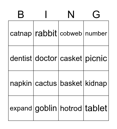 VCCV closed syllable Bingo Card
