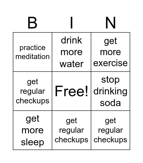 healthy habits Bingo Card