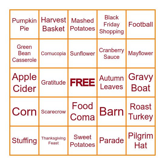 Thanksgiving Bingo! Bingo Card