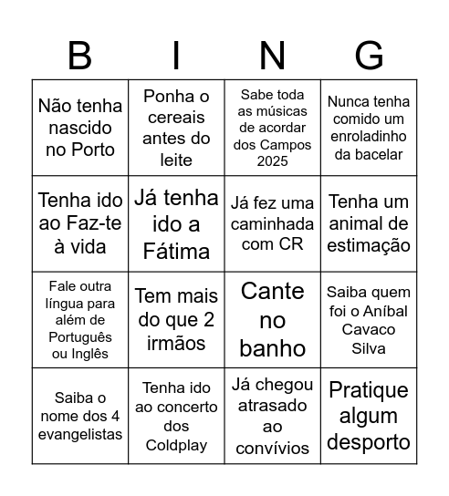 Encontra alguém que... Bingo Card