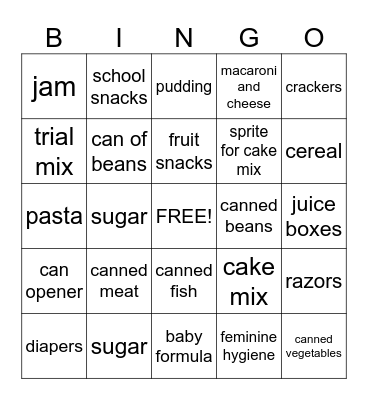 Food Bank Bingo Card