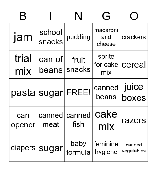Food Bank Bingo Card