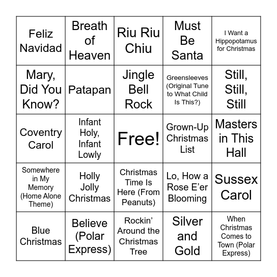 Christmas Carol BINGO Card