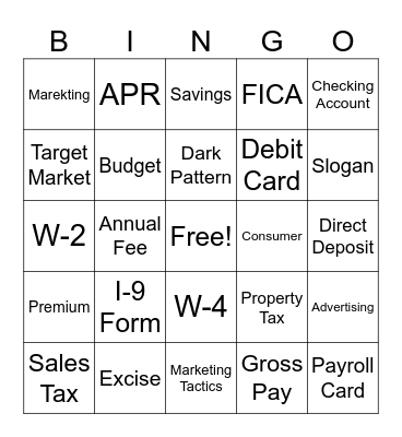 Personal Finance Bingo Card