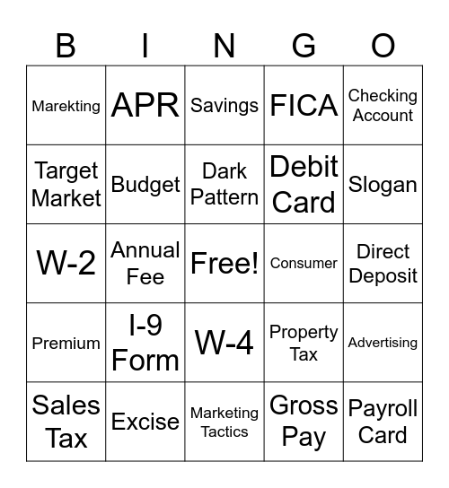 Personal Finance Bingo Card
