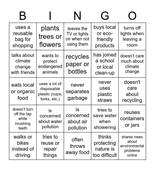 Environmental Issues Bingo Card