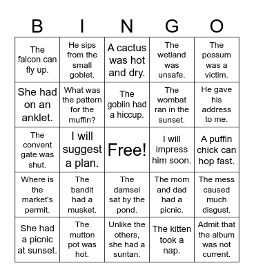 VCCV Sentences Bingo Card
