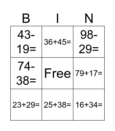Add & Subtract Bingo Card