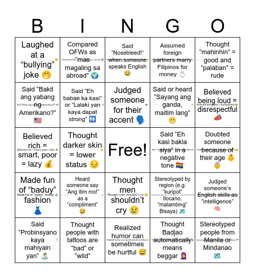 Discrimination Bingo Card