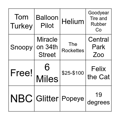 Macy's Thanksgiving Parade Bingo Card
